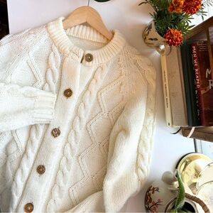 Vintage Fisherman Style Cream Cable Knit Button-Up Sweater Cardigan
